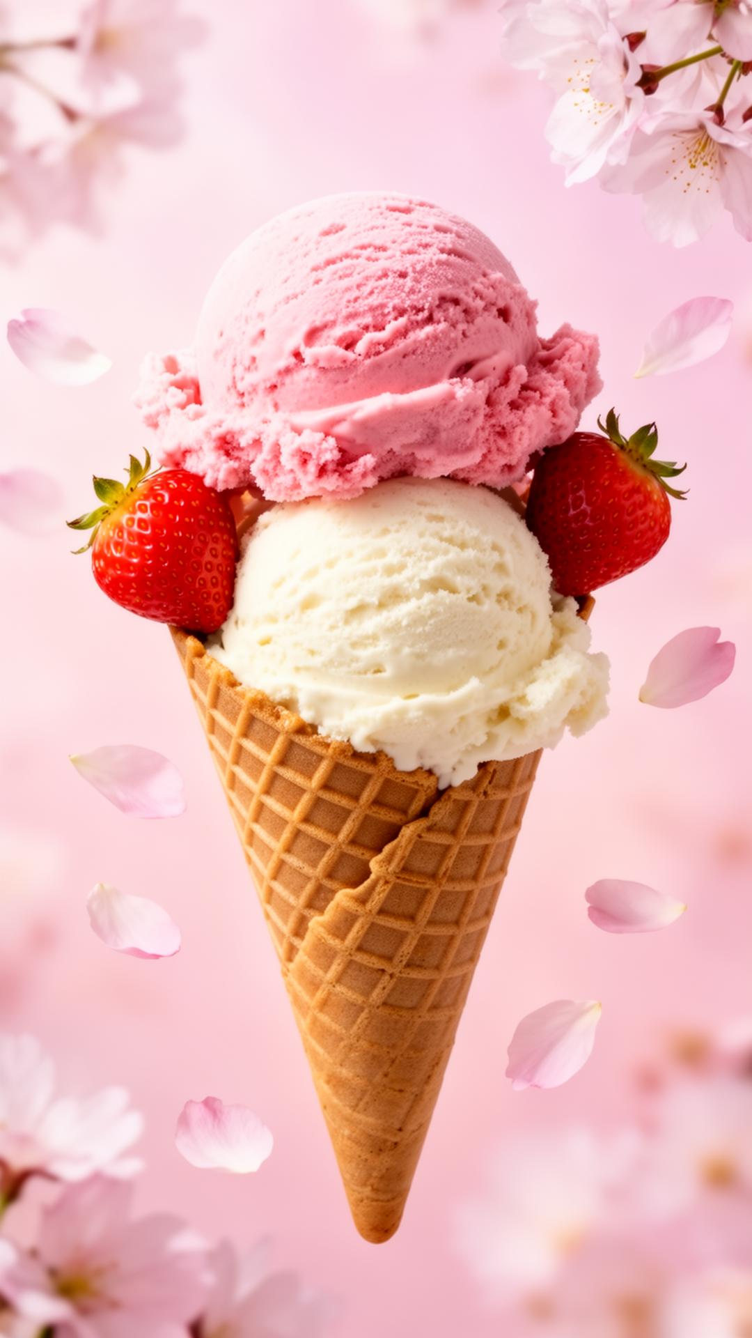 A waffle cone with strawberry and vanilla scoops surrounded by cherry blossoms